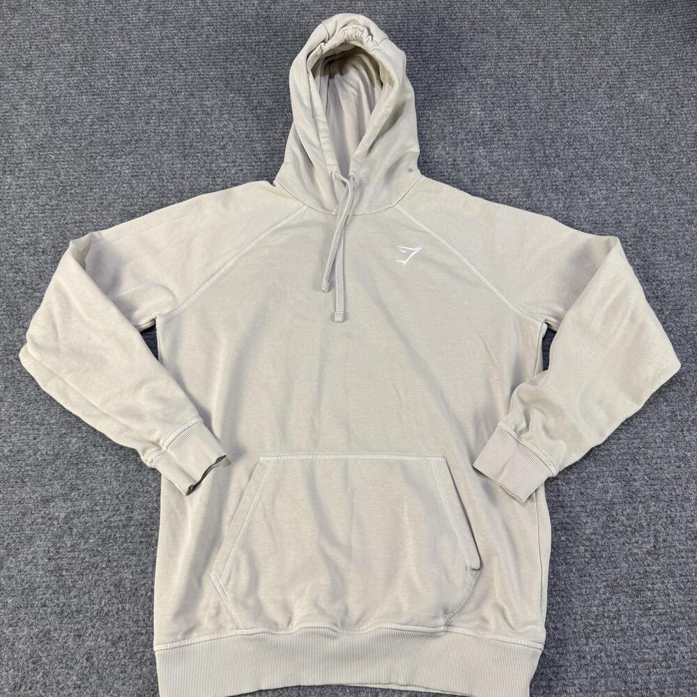 Gymshark Hoodie Sweatshirt Mens Medium Beige Fleece Lined Pullover Kangaroo